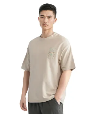 Rare Rabbit Men Oxo Beige Cotton Fabric Short Sleeve Crew Neck Embroidered T-Shirt