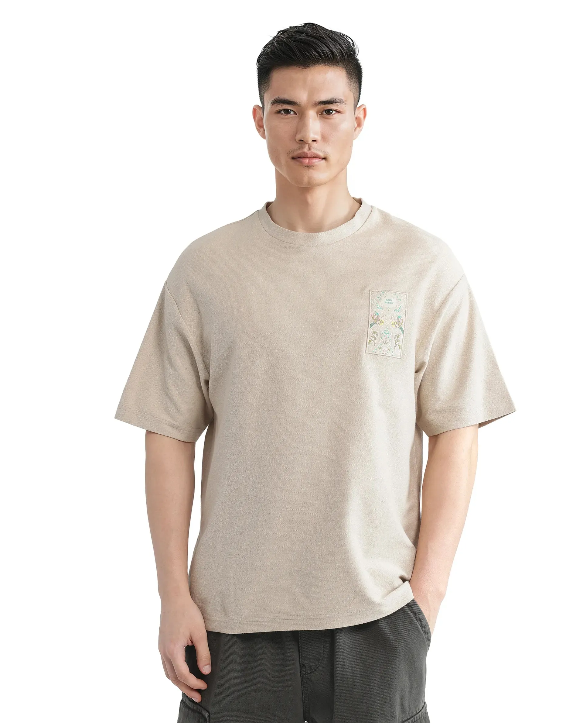 Rare Rabbit Men Oxo Beige Cotton Fabric Short Sleeve Crew Neck Embroidered T-Shirt