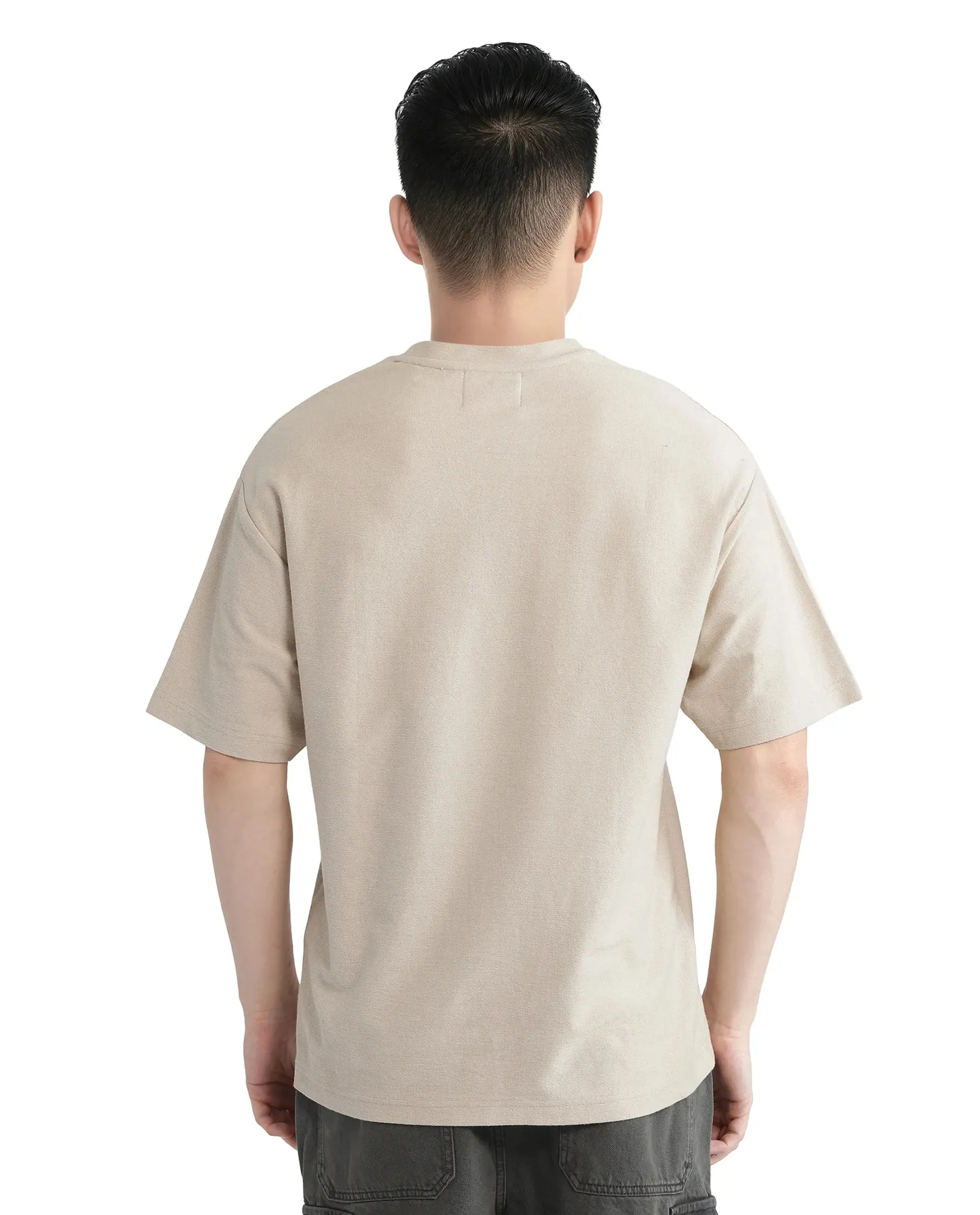 Rare Rabbit Men Oxo Beige Cotton Fabric Short Sleeve Crew Neck Embroidered T-Shirt