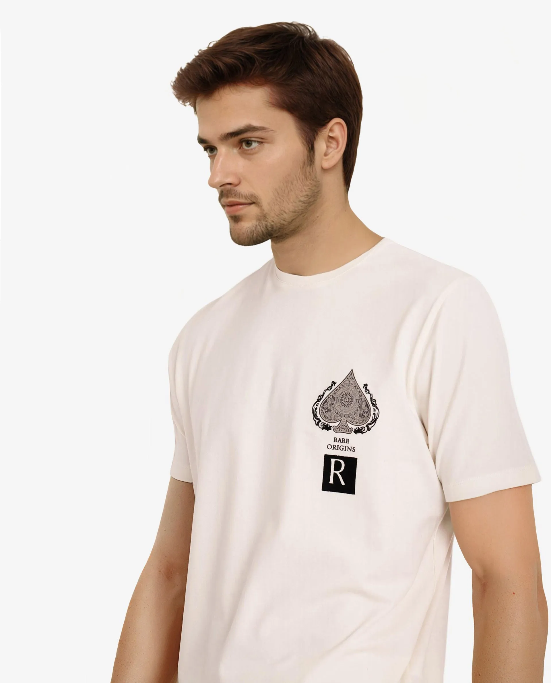 Rare Rabbit Men Rabo Off White Cotton Lycra Fabric Short Sleeve Crew Neck Regular Fit Flock HD Graphic Print T-Shirt