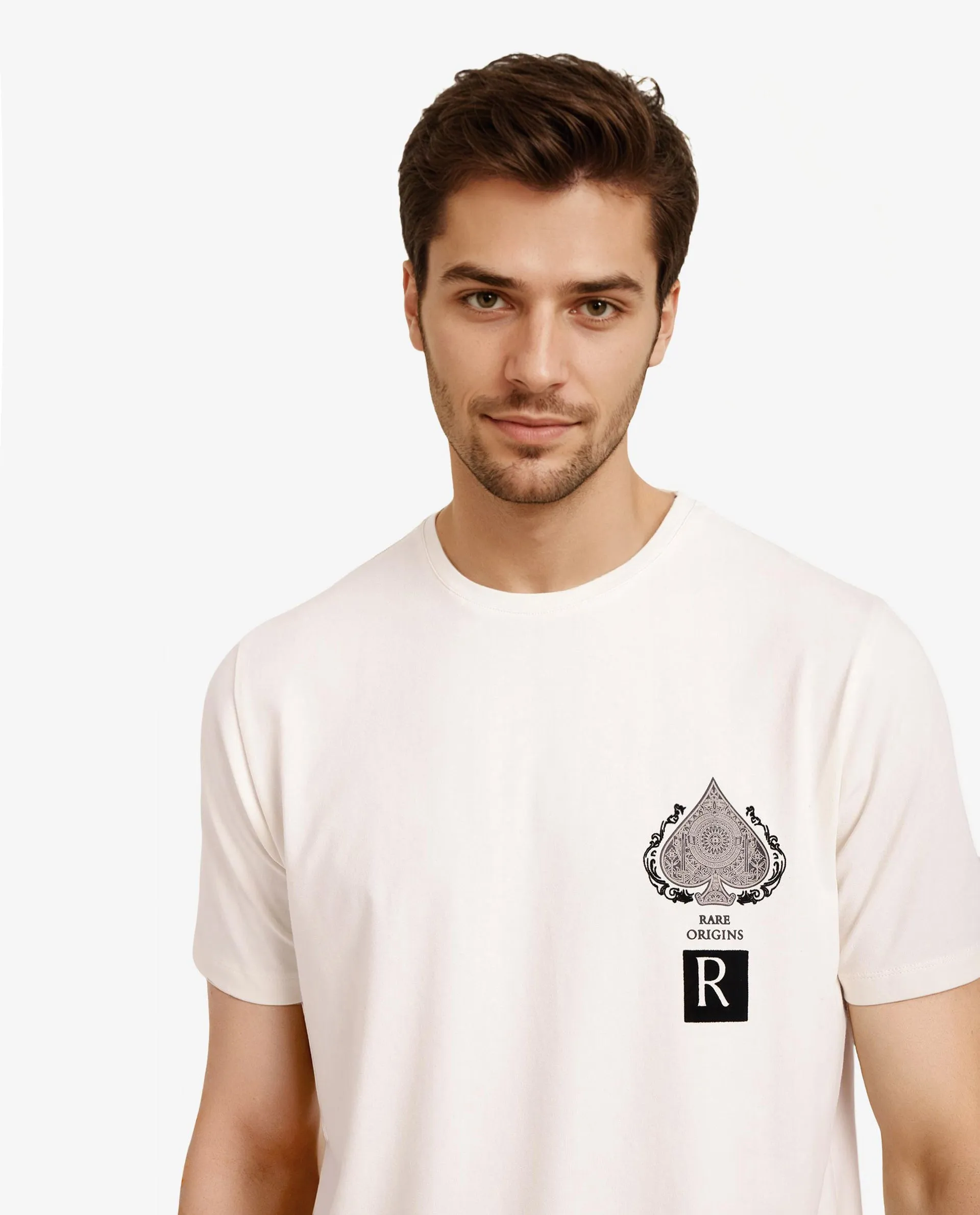Rare Rabbit Men Rabo Off White Cotton Lycra Fabric Short Sleeve Crew Neck Regular Fit Flock HD Graphic Print T-Shirt