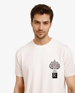 Rare Rabbit Men Rabo Off White Cotton Lycra Fabric Short Sleeve Crew Neck Regular Fit Flock HD Graphic Print T-Shirt