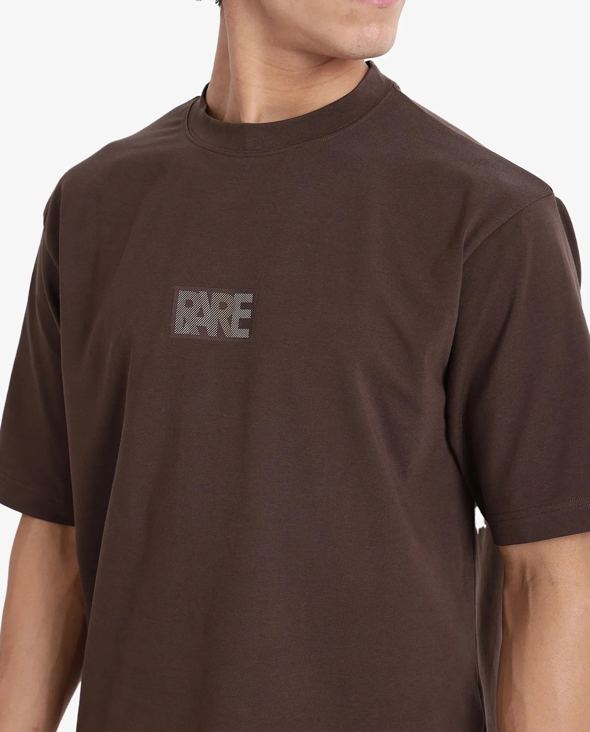 Rare Rabbit Men Reborn-T Brown Cotton Fabric Short Sleeve Crew Neck Oversized Fit Graphic Print T-Shirt