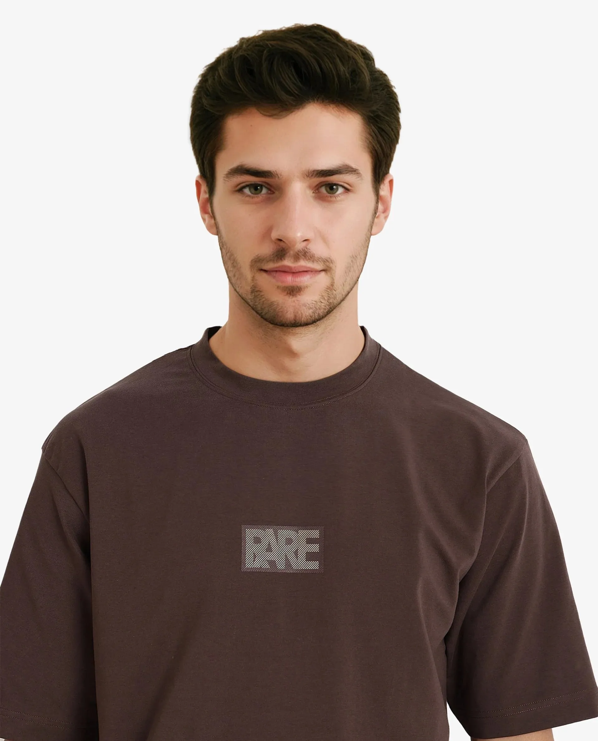 Rare Rabbit Men Reborn-T Brown Cotton Fabric Short Sleeve Crew Neck Oversized Fit Graphic Print T-Shirt