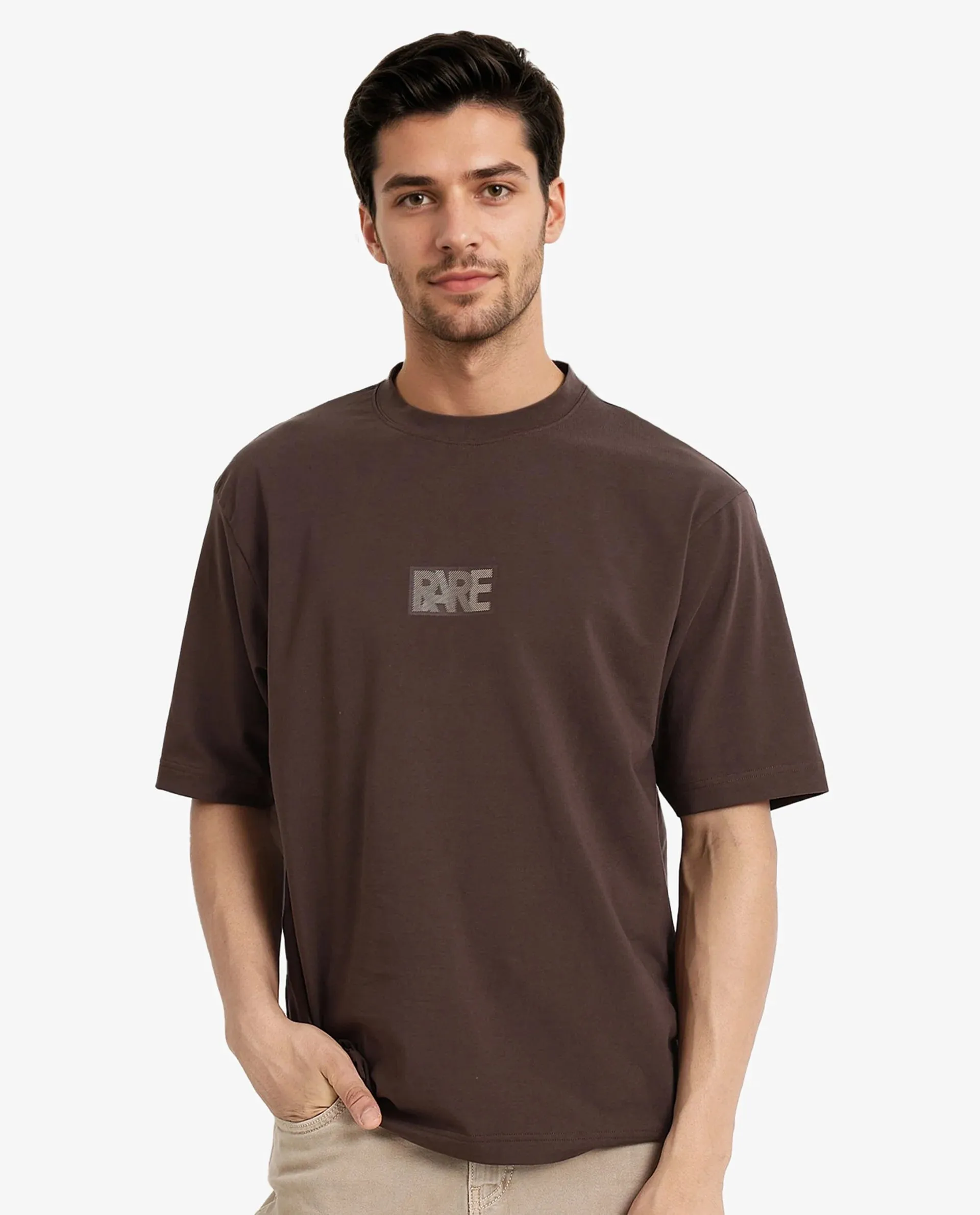 Rare Rabbit Men Reborn-T Brown Cotton Fabric Short Sleeve Crew Neck Oversized Fit Graphic Print T-Shirt