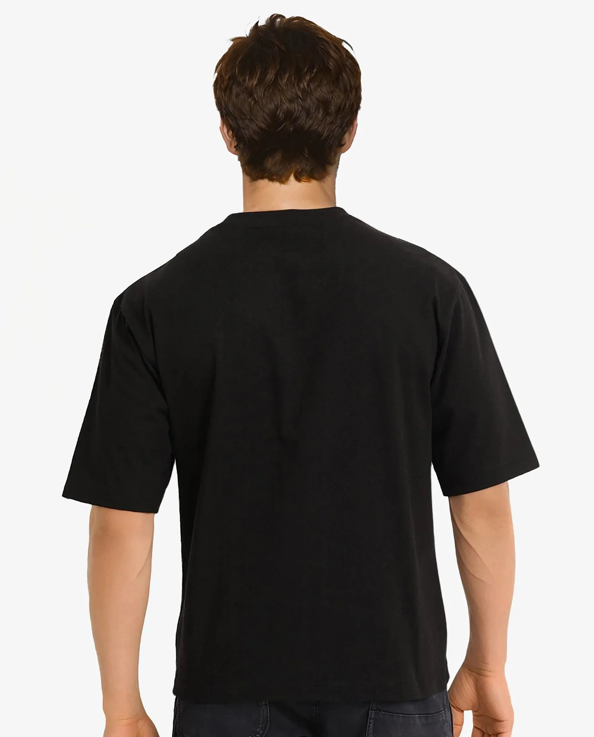 Rare Rabbit Men Reis Black Cotton Fabric Short Sleeve Crew Neck Oversized Fit Graphic Flock Print T-Shirt