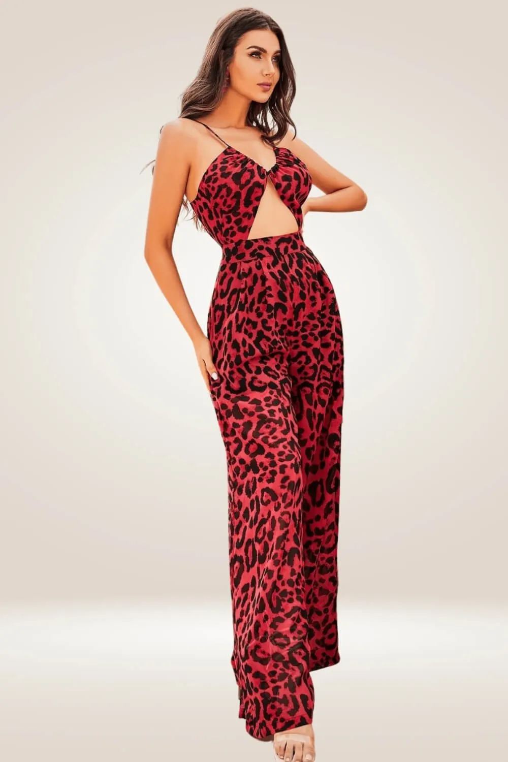 Red Leopard Print Cut out Wide leg Jumpsuit