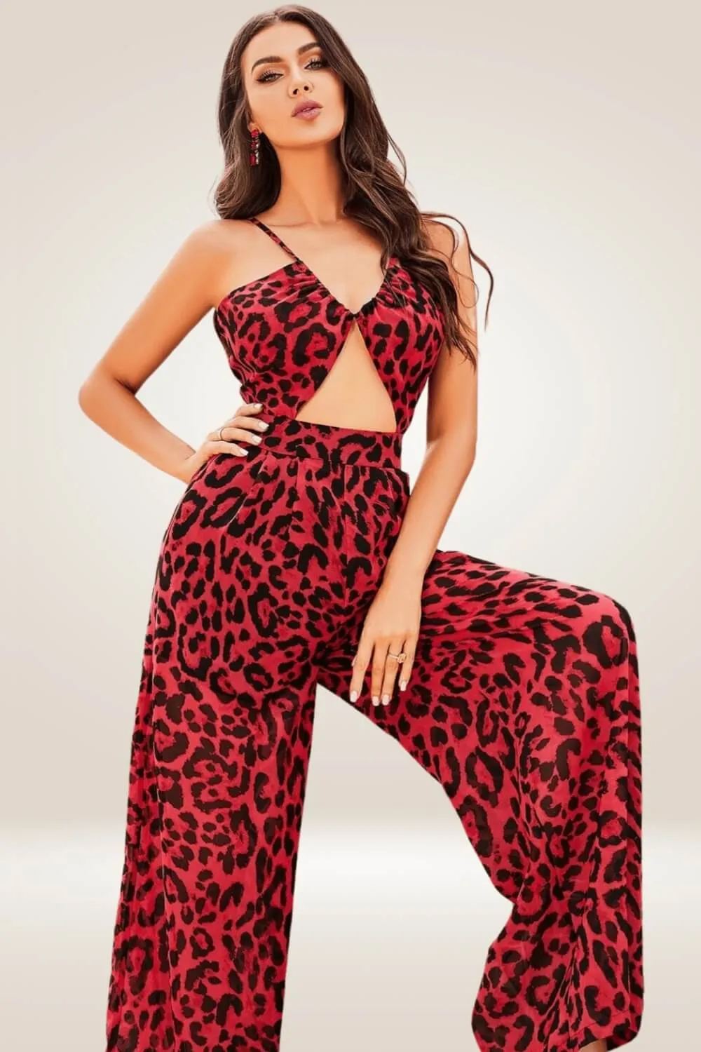 Red Leopard Print Cut out Wide leg Jumpsuit