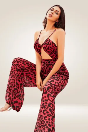 Red Leopard Print Cut out Wide leg Jumpsuit