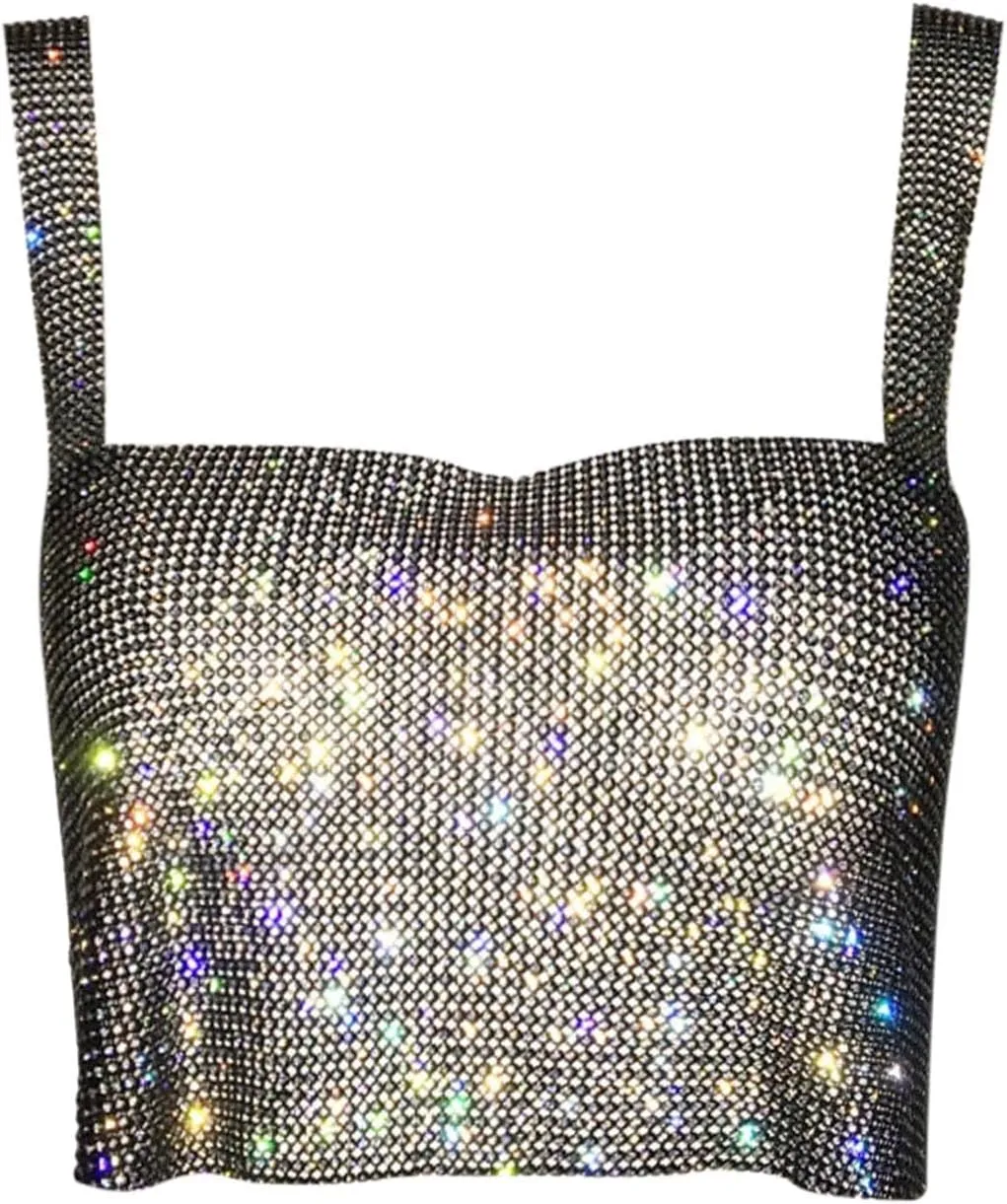 Sequin Summer Tank Tops for Women Club Cropped Rhinestone Glitter Sleeveless Spring Blouses Sparkle Camisole Party
