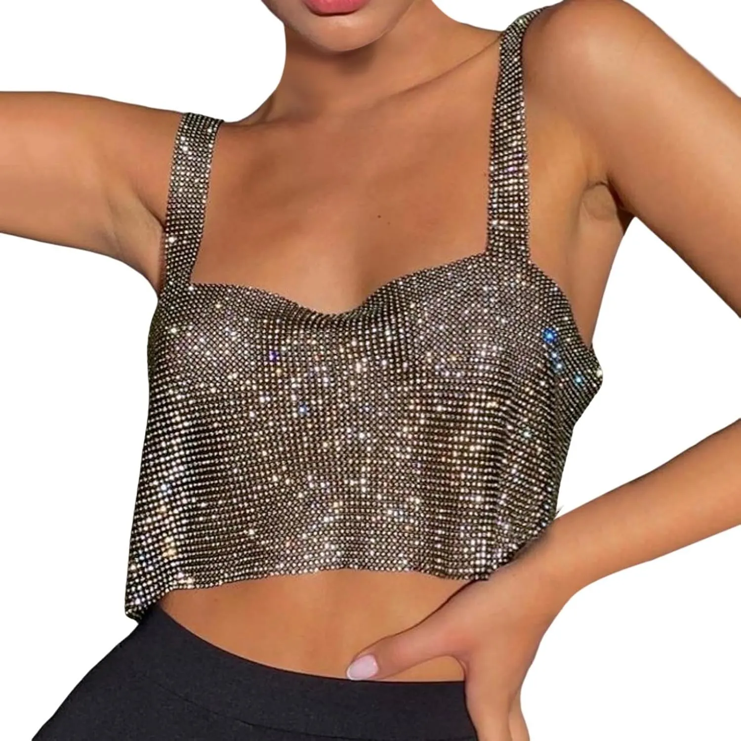 Sequin Summer Tank Tops for Women Club Cropped Rhinestone Glitter Sleeveless Spring Blouses Sparkle Camisole Party