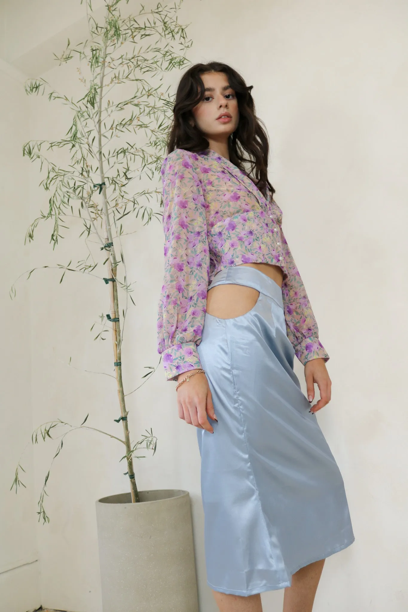 Sleek Satin Midi Skirt with Cut-Out Details