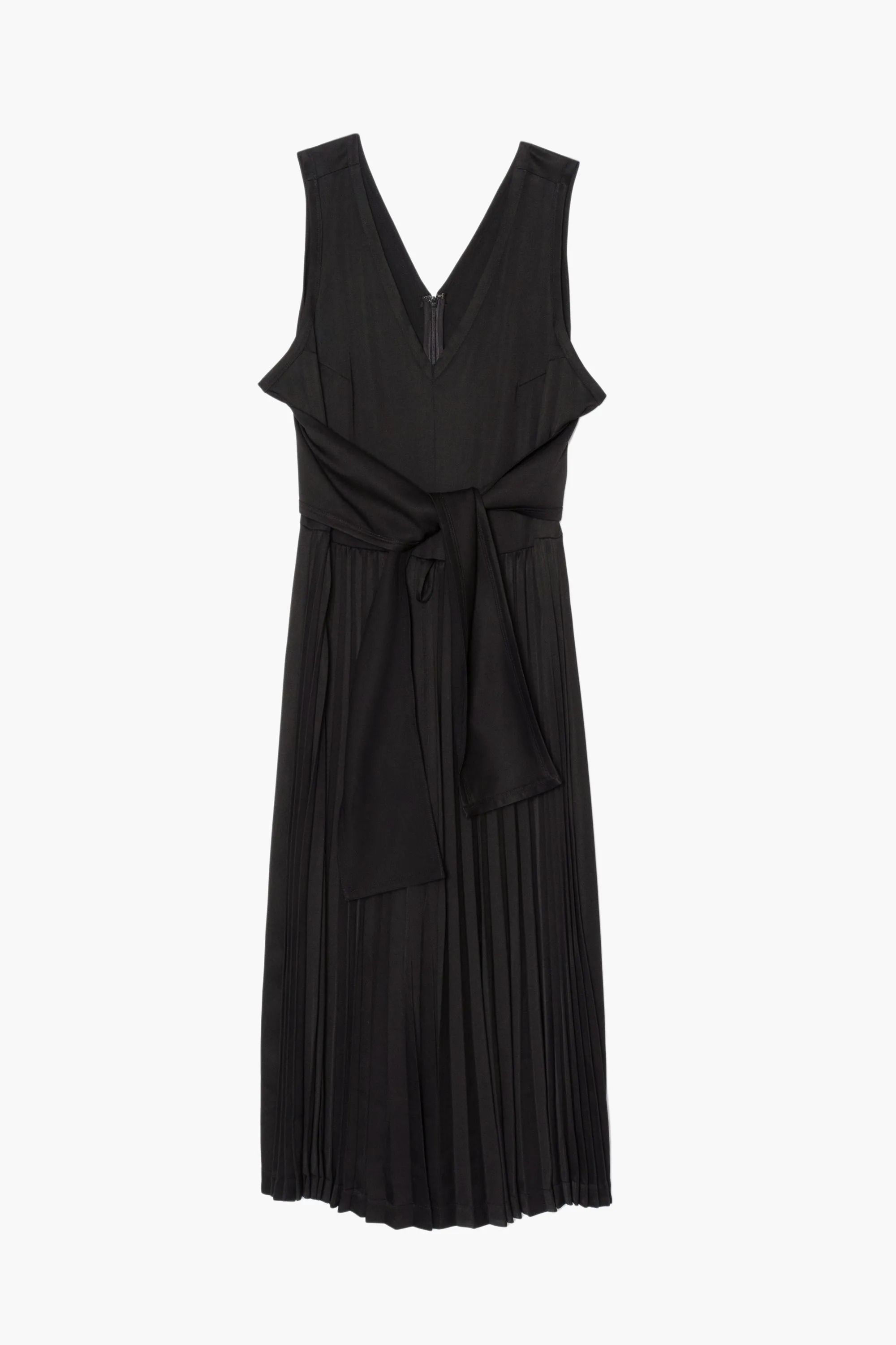 Sleeveless Satin V-Neck Dress With Waist Tie