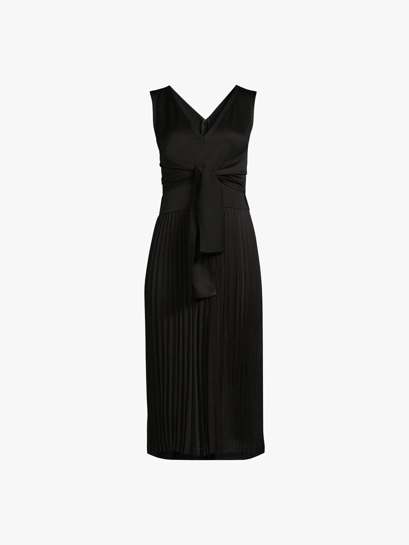 Sleeveless Satin V-Neck Dress With Waist Tie