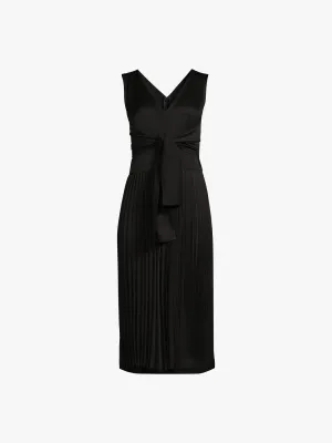 Sleeveless Satin V-Neck Dress With Waist Tie