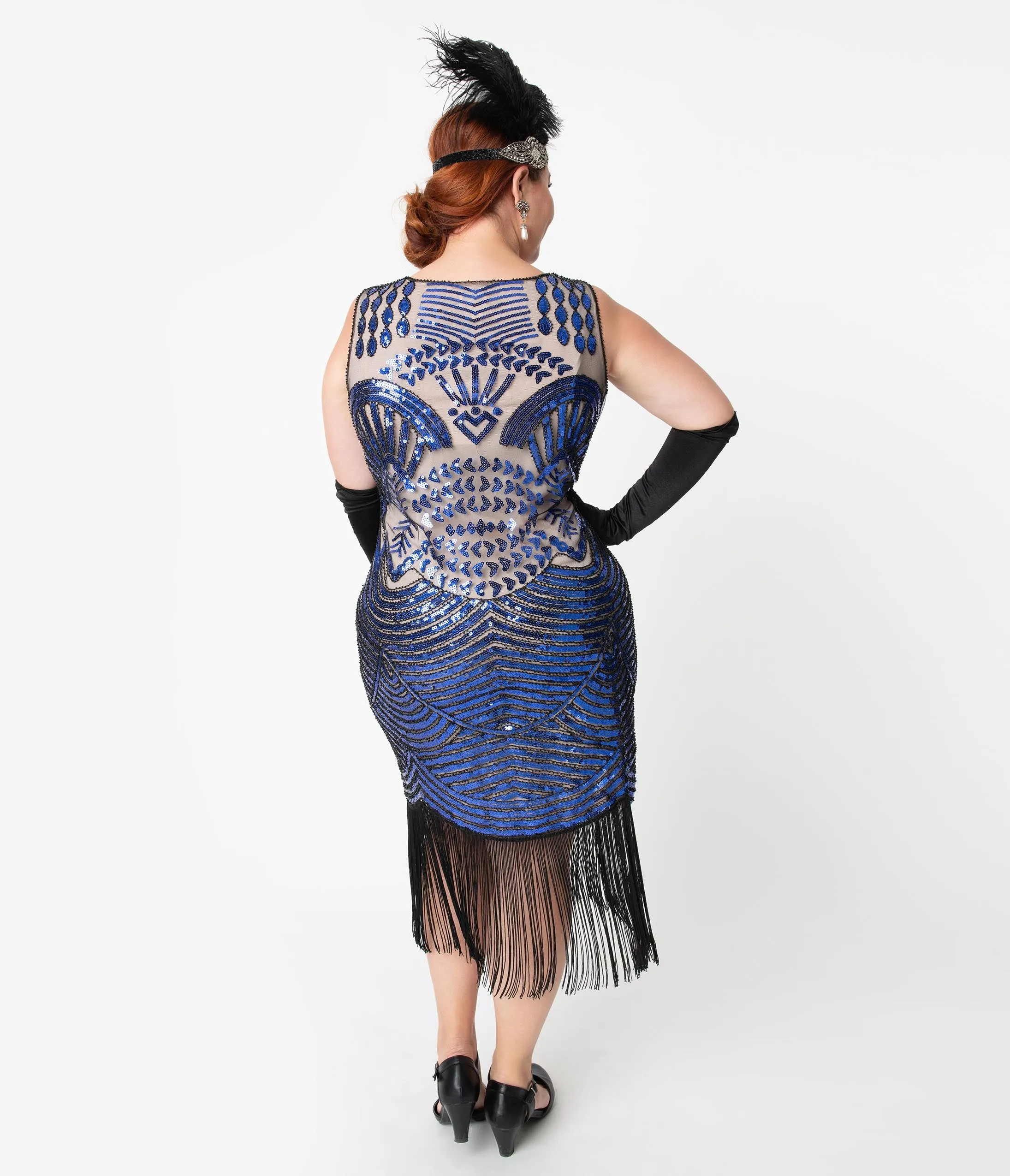 Unique Vintage Plus Size Beige & Royal Blue Sequin Rouen Fringe Flapper Dress