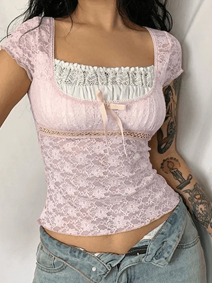 Uniwim ootd Lace Patchwork Crop Blouse