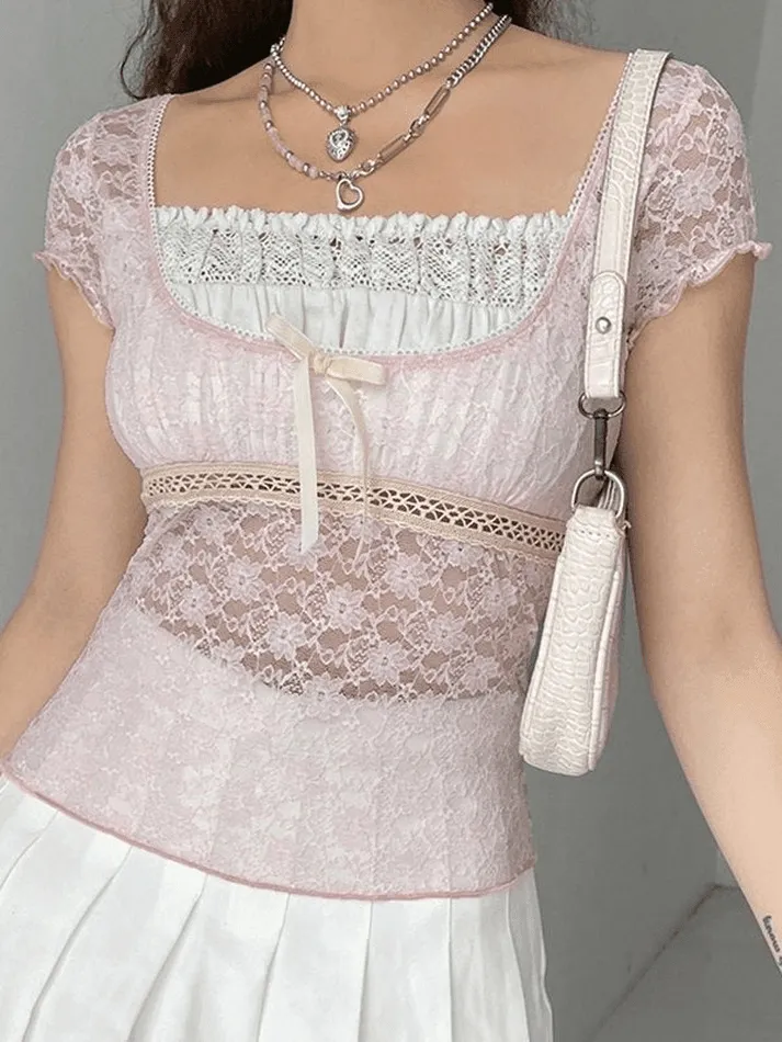Uniwim ootd Lace Patchwork Crop Blouse