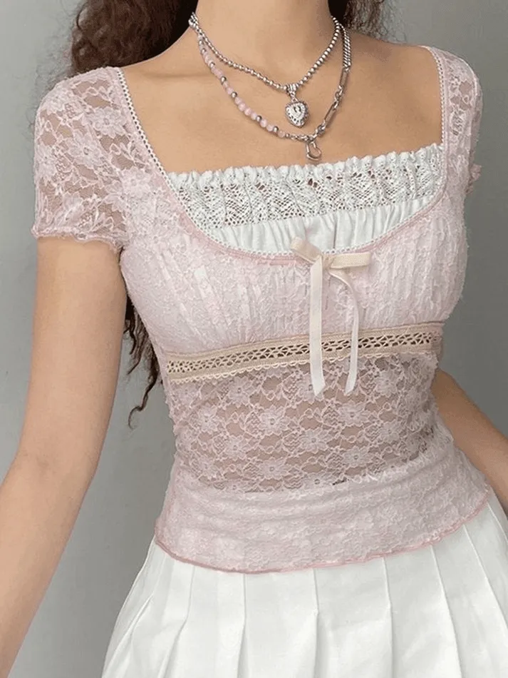 Uniwim ootd Lace Patchwork Crop Blouse