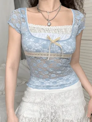 Uniwim ootd Lace Patchwork Crop Blouse