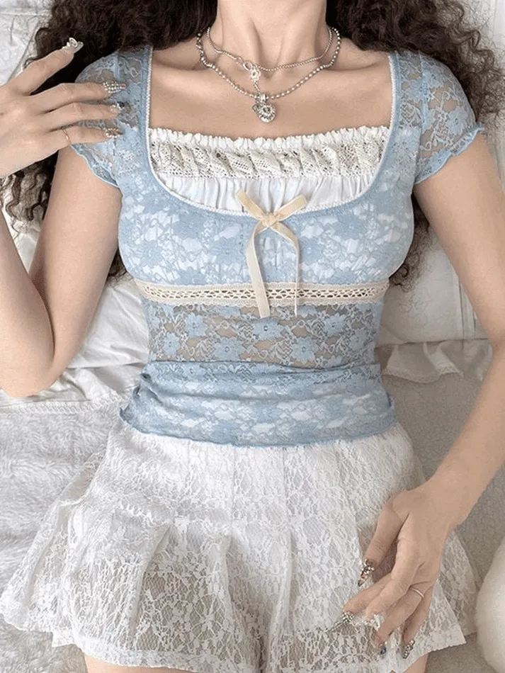 Uniwim ootd Lace Patchwork Crop Blouse