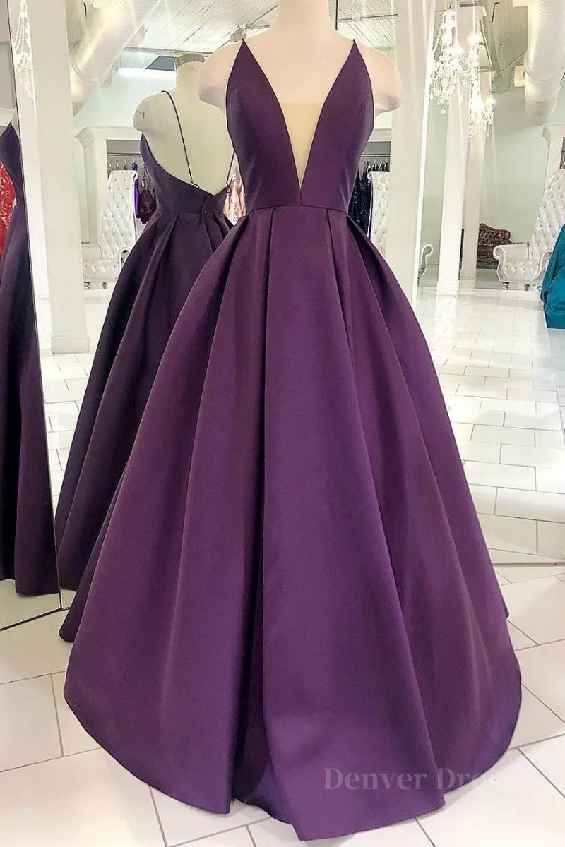 V Neck Backless Purple Satin Long Prom Dress Backless Purple Formal Dress Purple Evening Dress