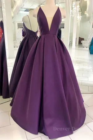 V Neck Backless Purple Satin Long Prom Dress Backless Purple Formal Dress Purple Evening Dress