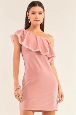 Velvet Sleeveless Off-One-Shoulder Mesh Detail Flare Hem Slim Fit Mini Dress /1-2-2-1
