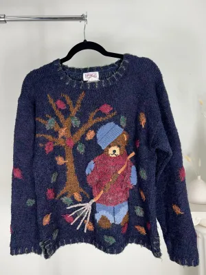 VINTAGE FALL LEAVES NAVY BEAR KNIT SWEATER
