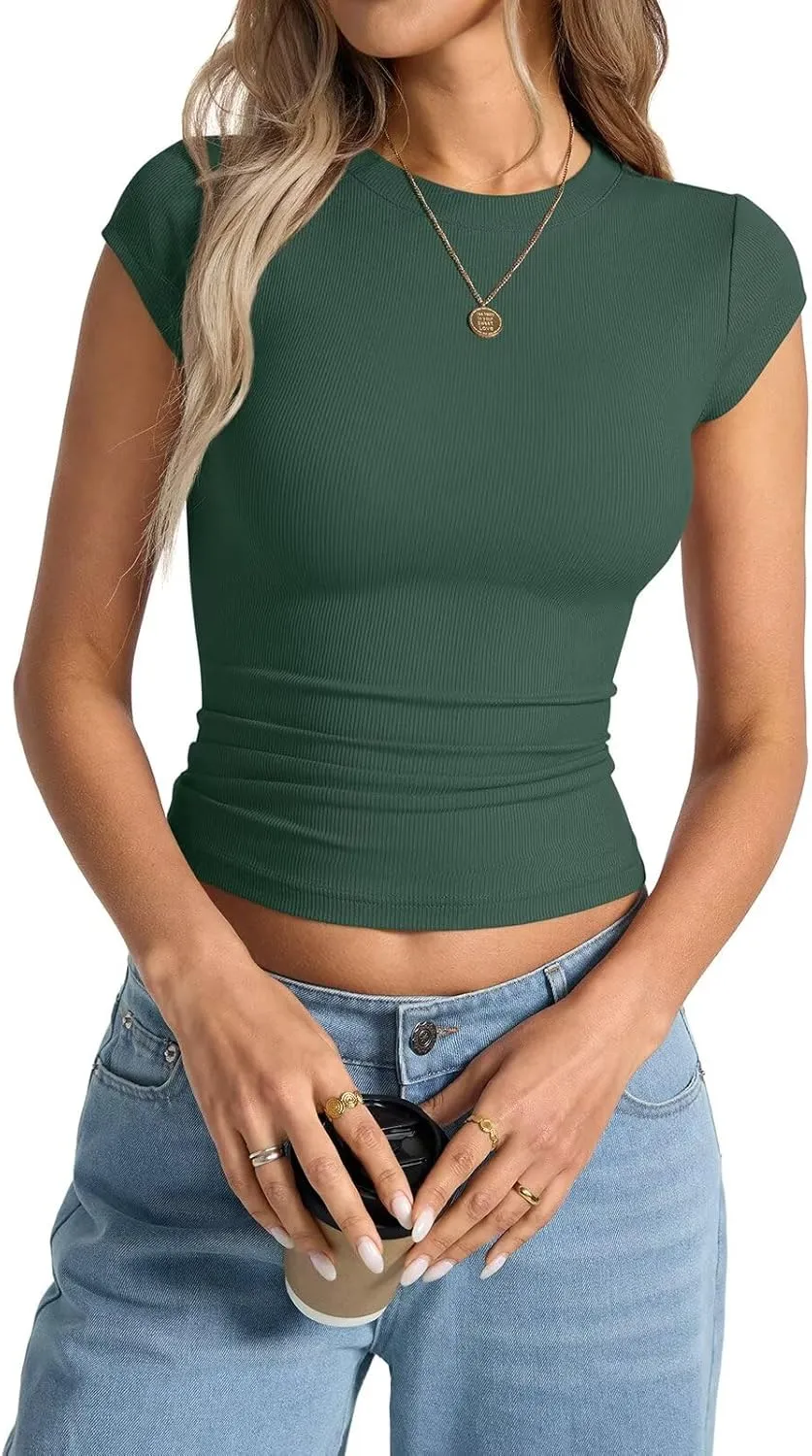 Womens Cap Sleeve Tops Summer Crew Neck Short Sleeve Shirts Slim Fit Basic Ribbed Tops Y2K 2025 Going Out Crop
